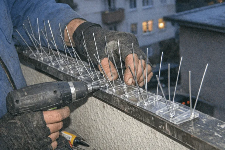 Detailansicht einer Balkon Taubenabwehr Montage
