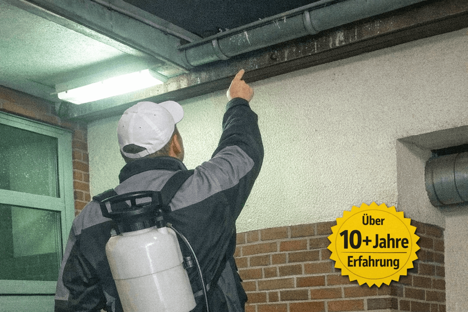 Fachkraft kontrolliert mit Notizblock die Gebäudekante und markiert Befestigungspunkte an der Hauswand