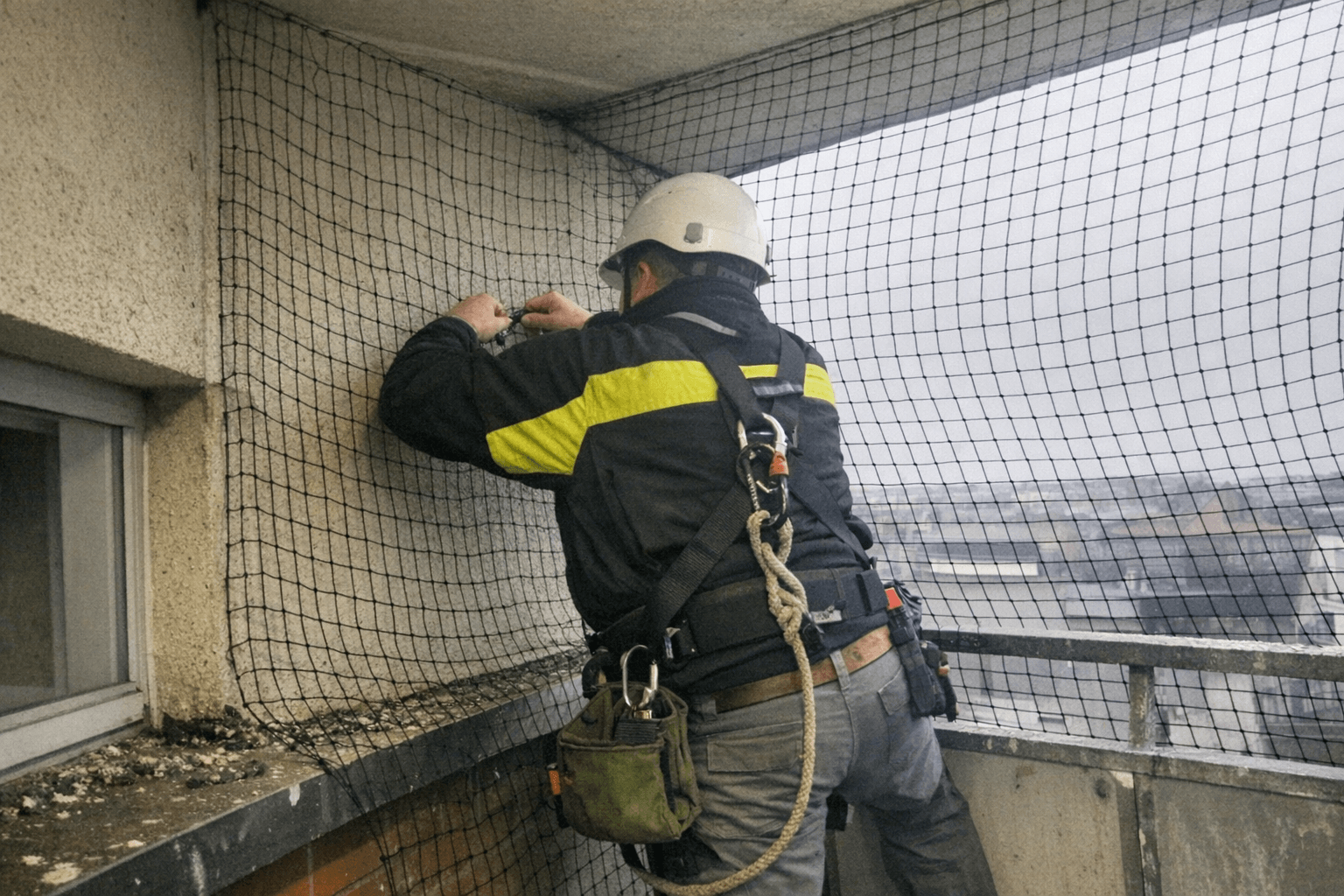 Montage eines unauffälligen Schutznetzes an einer Fassade