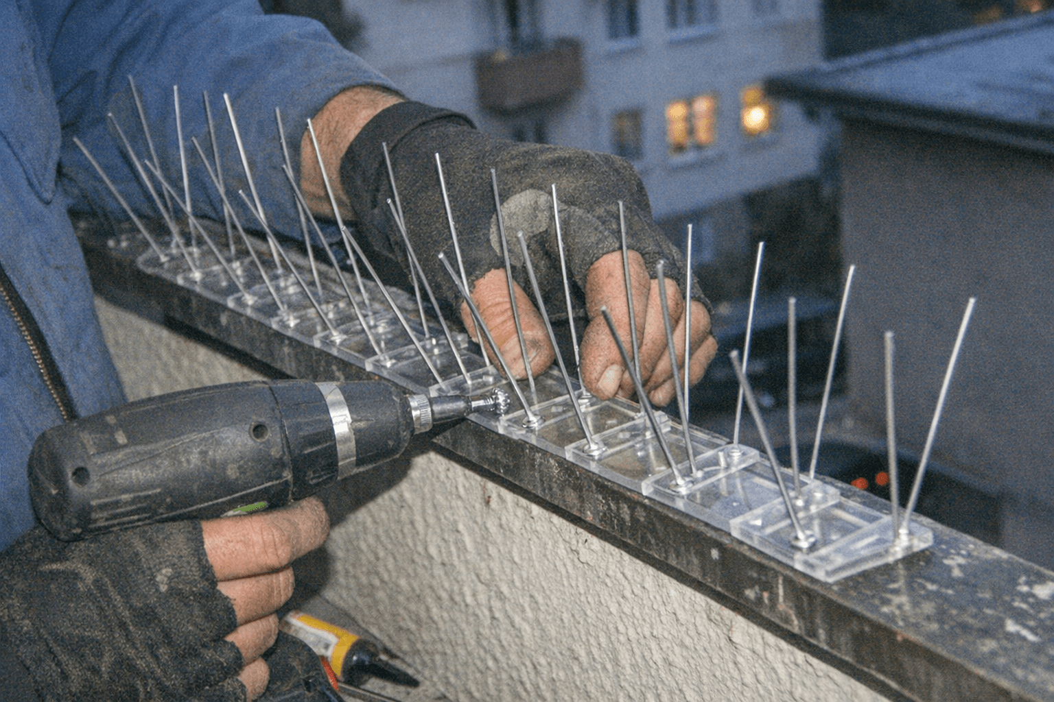 Nahaufnahme einer verklebten Spikeschiene an einer hellen Brüstung mit Werkzeugen